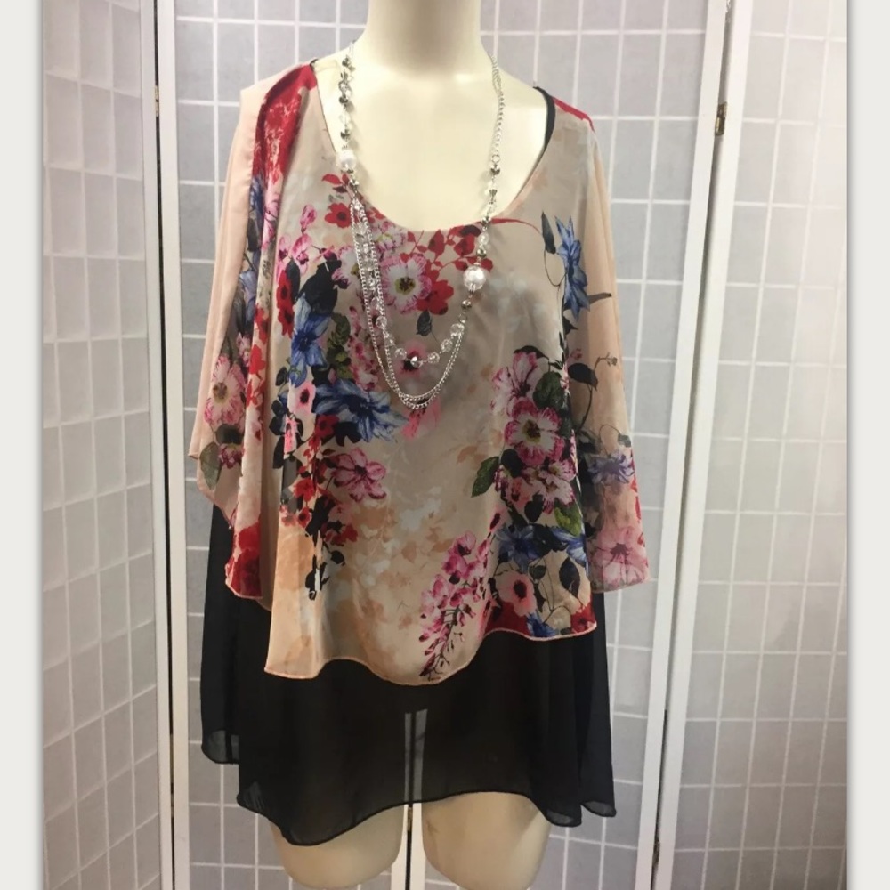 B Sharp, blouse,black,veil flowers print, sizeIX.: